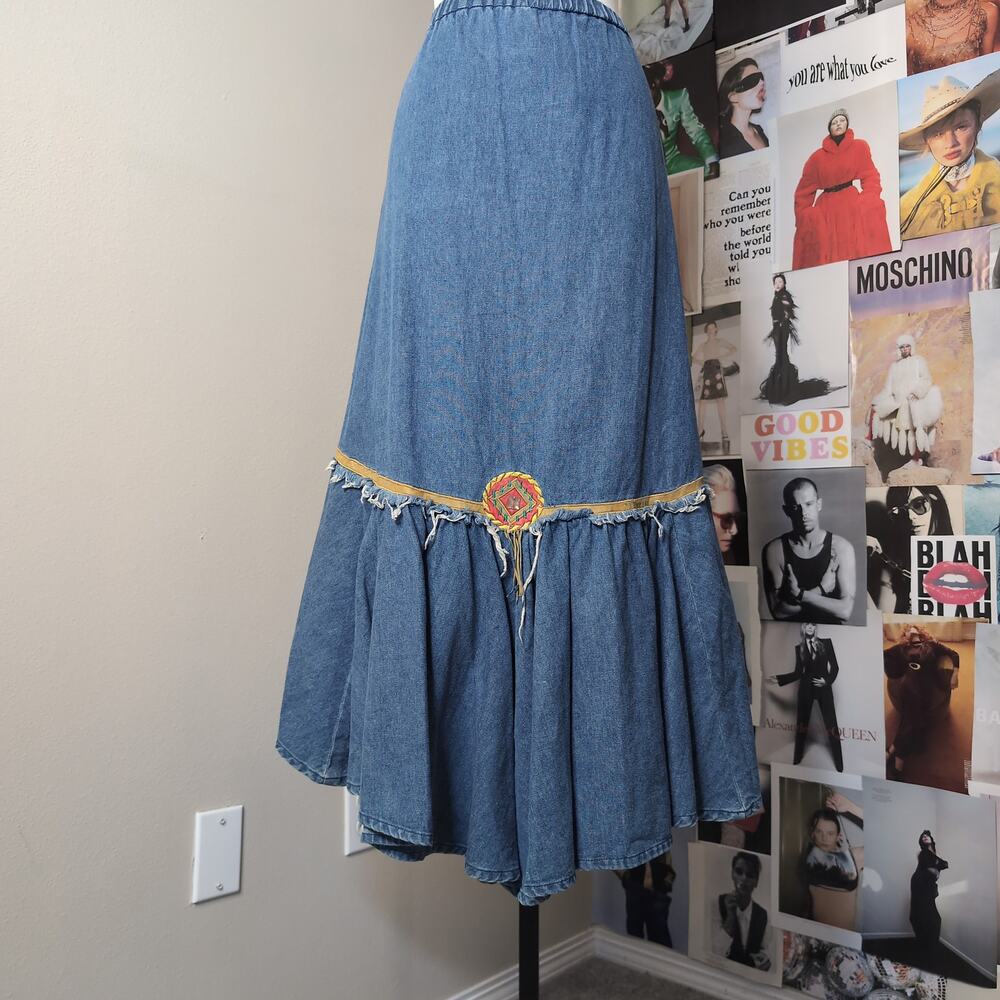 Denim Maxi Skirt with Embroidered Detail Vintage